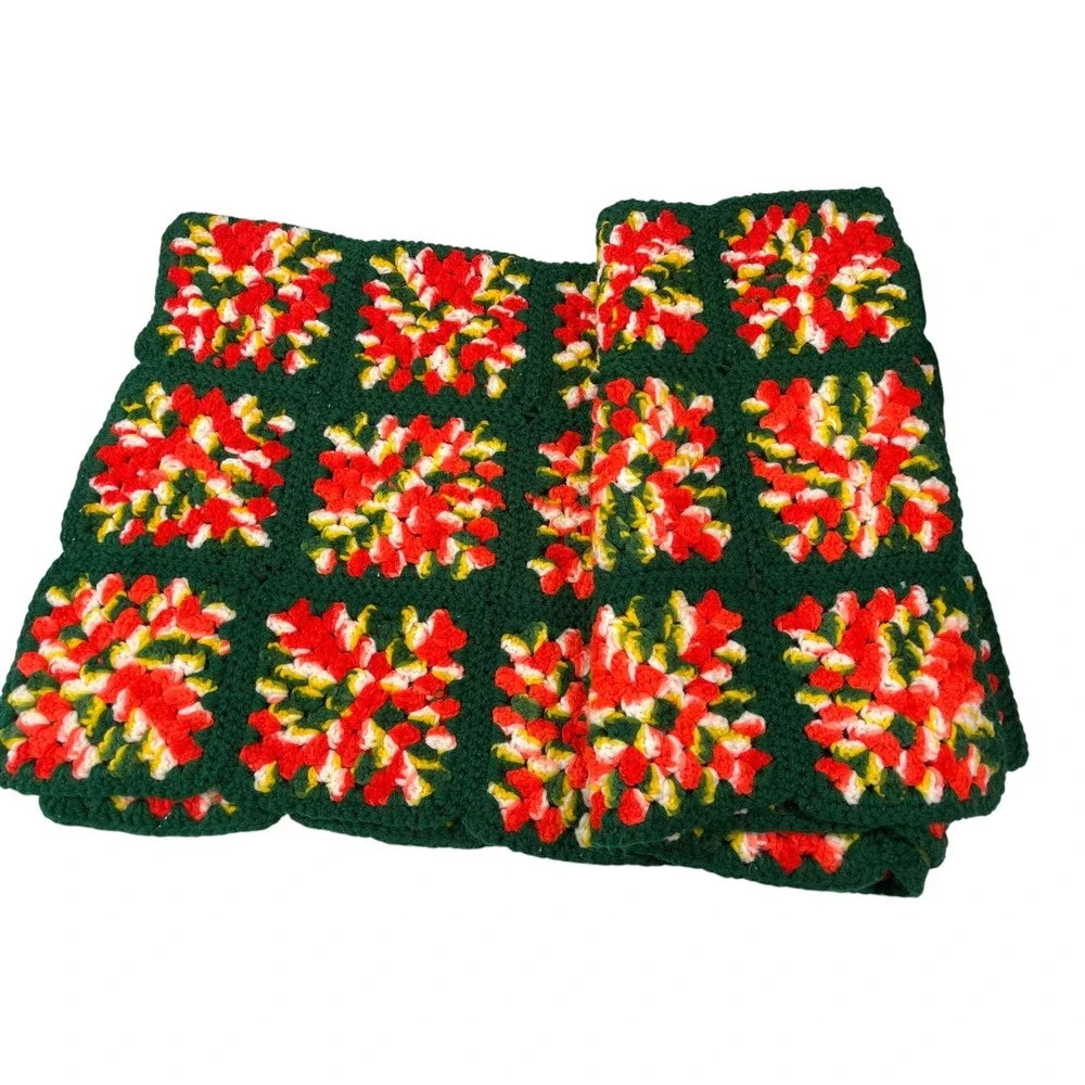 76x38 Green Red Crochet Granny Square Afghan Blanket Vintage Cottagecore Retro